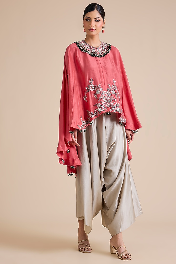 Coral Silk Mirror Work Kaftan Set by Prisho at Pernia's Pop Up Shop