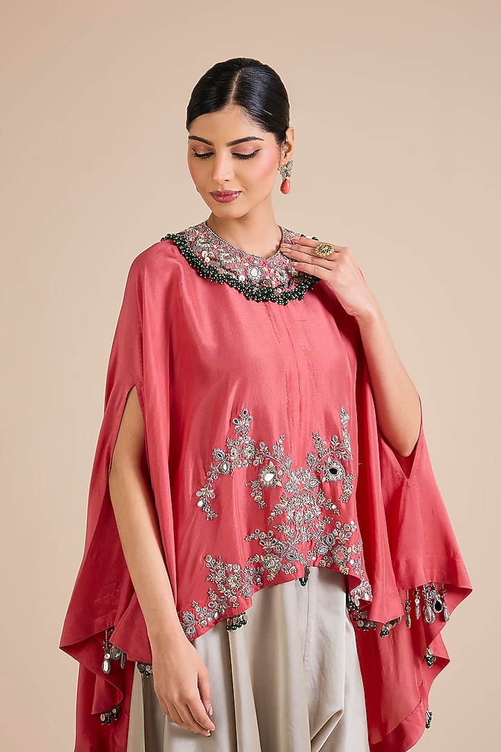 Coral Silk Mirror Work Kaftan Set by Prisho at Pernia's Pop Up Shop