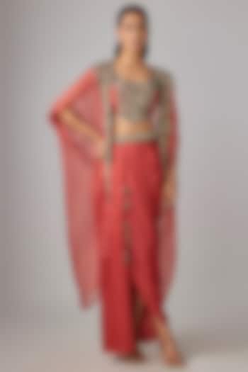 Deep Orange Modal Satin Thread Work Skirt Set by Prisho at Pernia's Pop Up Shop