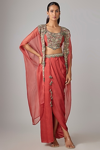 Deep Orange Modal Satin Thread Work Skirt Set by Prisho