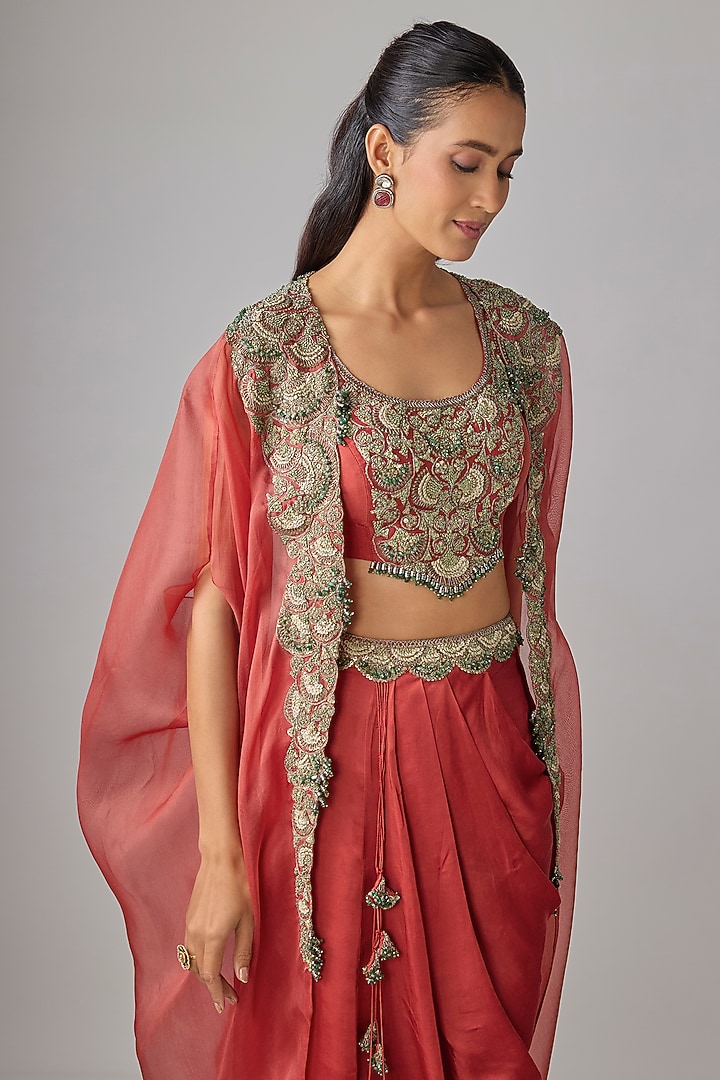 Deep Orange Modal Satin Thread Work Skirt Set by Prisho at Pernia's Pop Up Shop