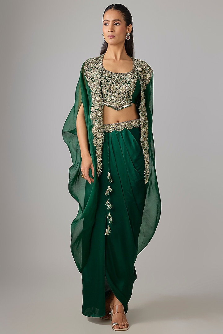 Green Modal Satin Thread Work Skirt Set by Prisho at Pernia's Pop Up Shop