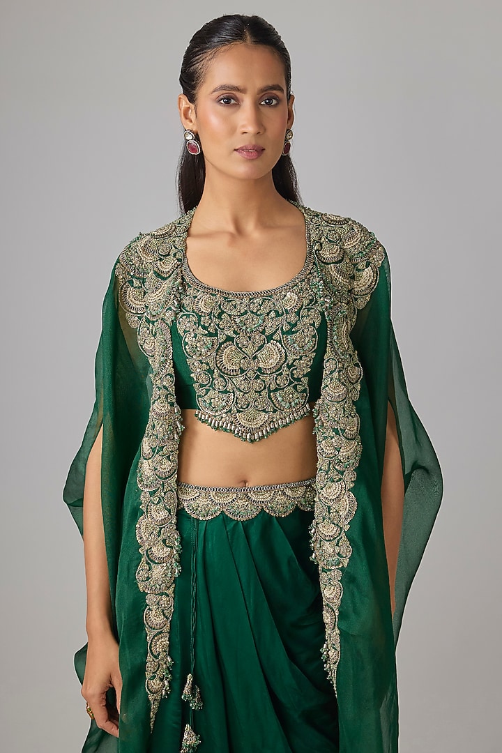 Green Modal Satin Thread Work Skirt Set by Prisho at Pernia's Pop Up Shop