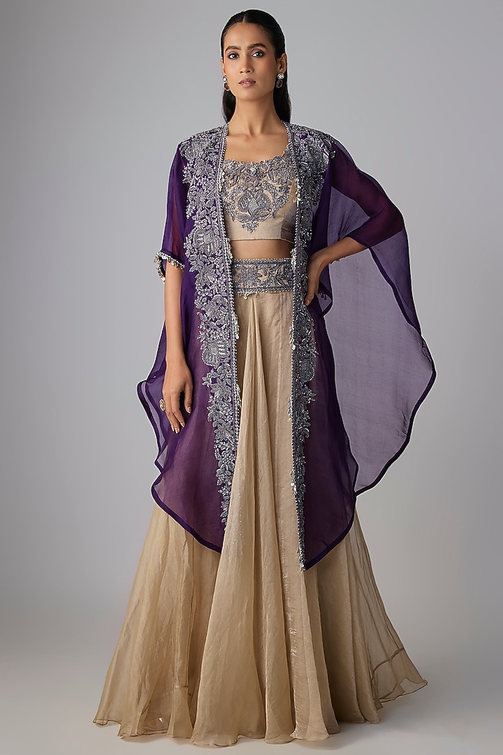 Champagne Tissue Thread Work Skirt Set by Prisho at Pernia's Pop Up Shop