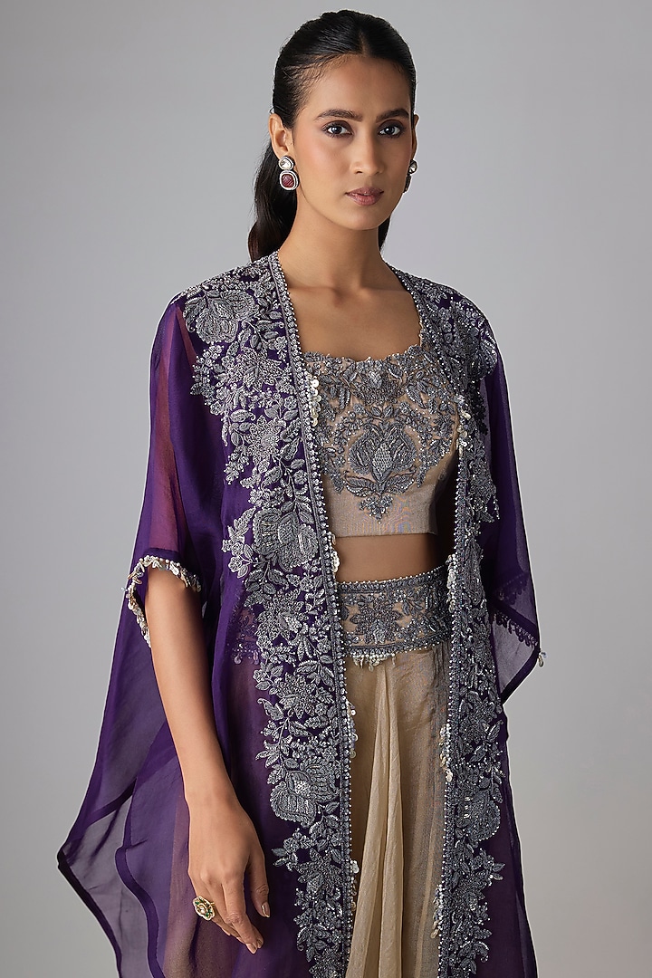 Champagne Tissue Thread Work Skirt Set by Prisho at Pernia's Pop Up Shop