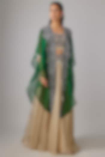 Champagne Tissue Thread Work Skirt Set by Prisho at Pernia's Pop Up Shop