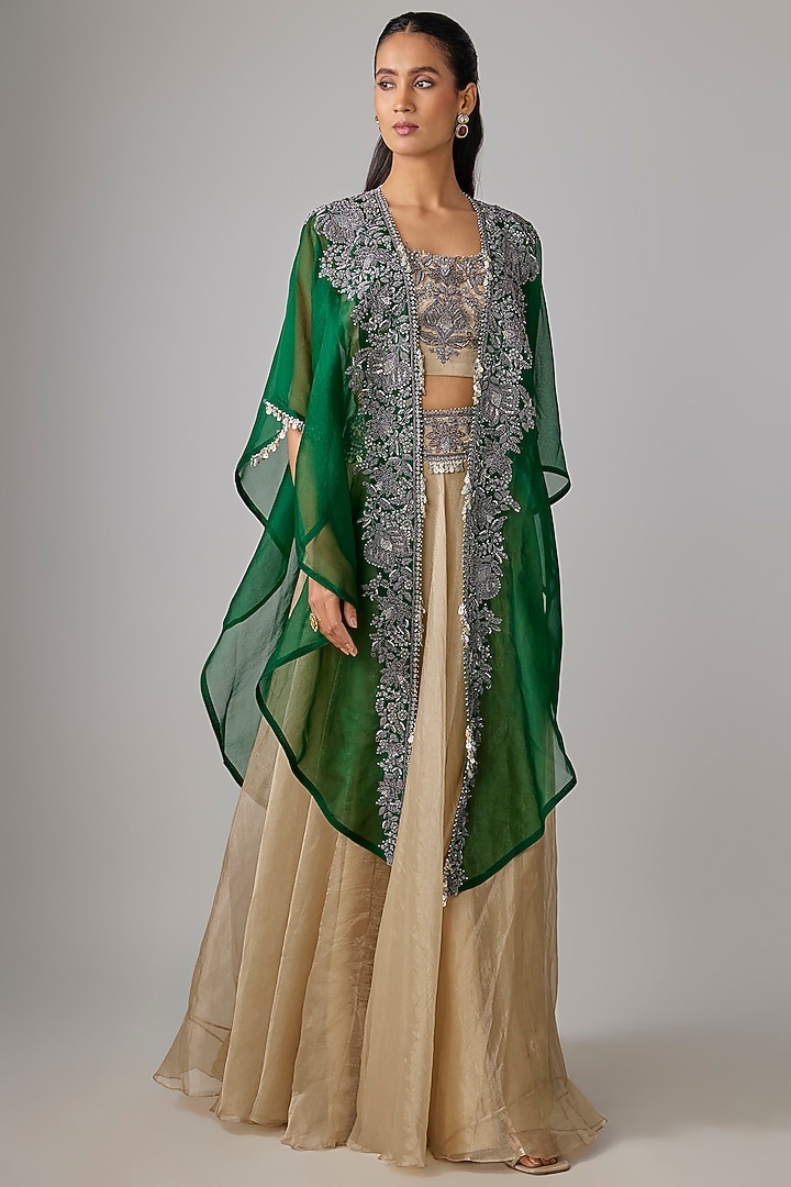 Champagne Tissue Thread Work Skirt Set by Prisho at Pernia's Pop Up Shop