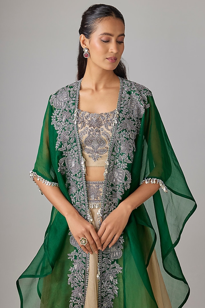 Champagne Tissue Thread Work Skirt Set by Prisho at Pernia's Pop Up Shop