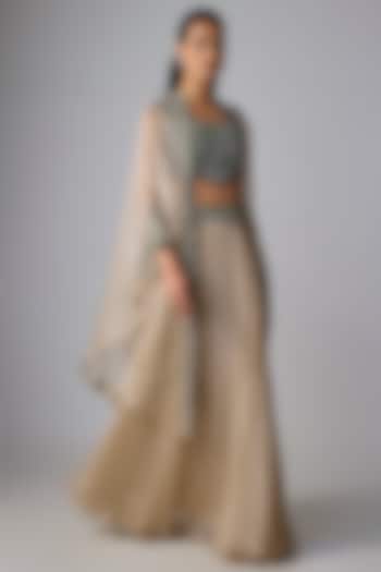 Champagne Tissue Thread Work Skirt Set by Prisho at Pernia's Pop Up Shop
