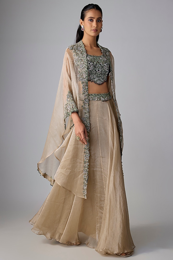Champagne Tissue Thread Work Skirt Set by Prisho at Pernia's Pop Up Shop