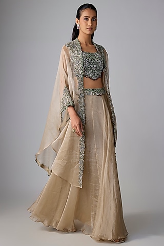 Champagne Tissue Thread Work Skirt Set by Prisho