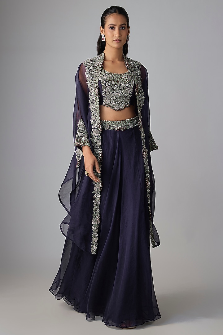 Royal Blue Organza Thread Work Skirt Set by Prisho at Pernia's Pop Up Shop