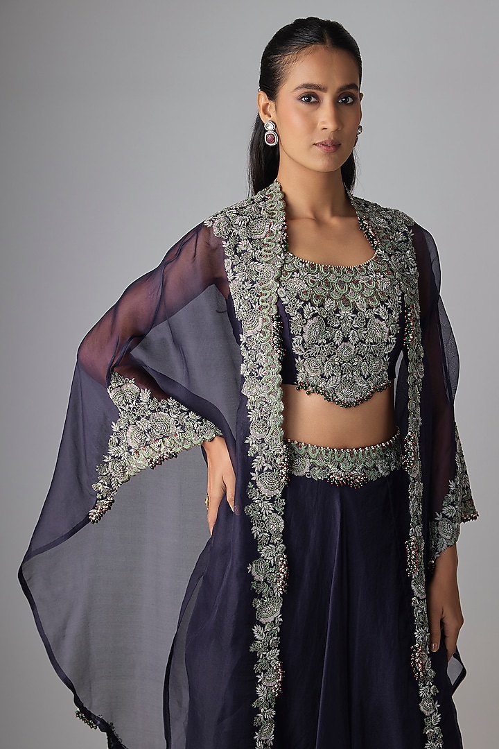 Royal Blue Organza Thread Work Skirt Set by Prisho at Pernia's Pop Up Shop