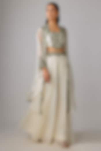 Ivory Organza Thread Work Skirt Set by Prisho at Pernia's Pop Up Shop