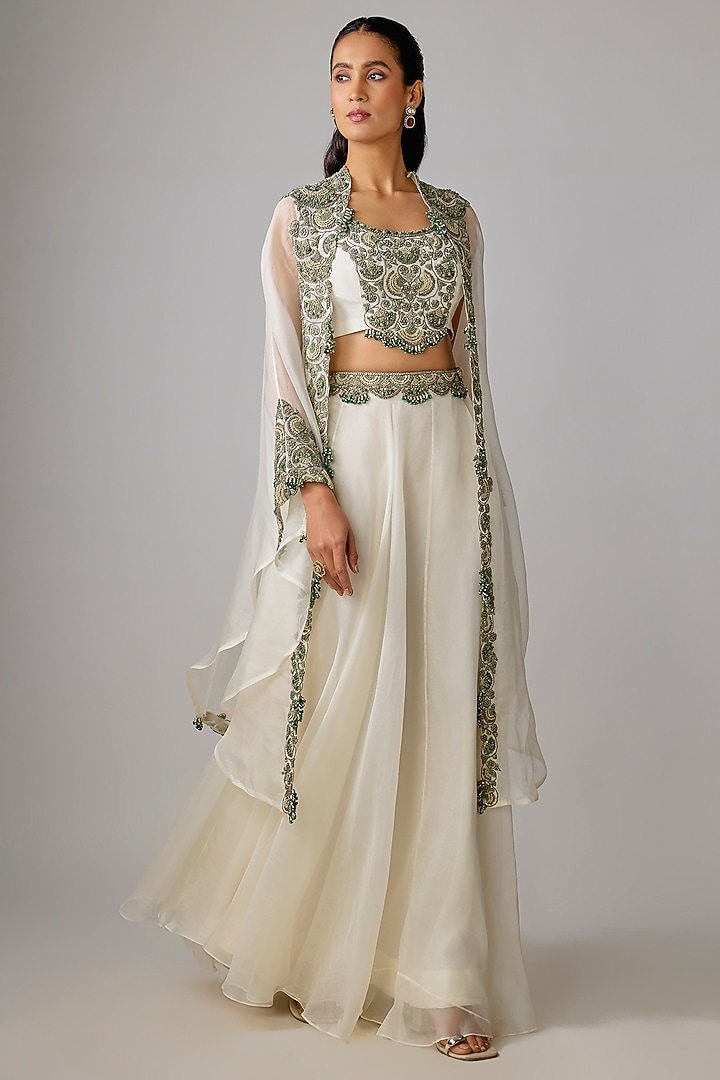 Ivory Organza Thread Work Skirt Set by Prisho at Pernia's Pop Up Shop