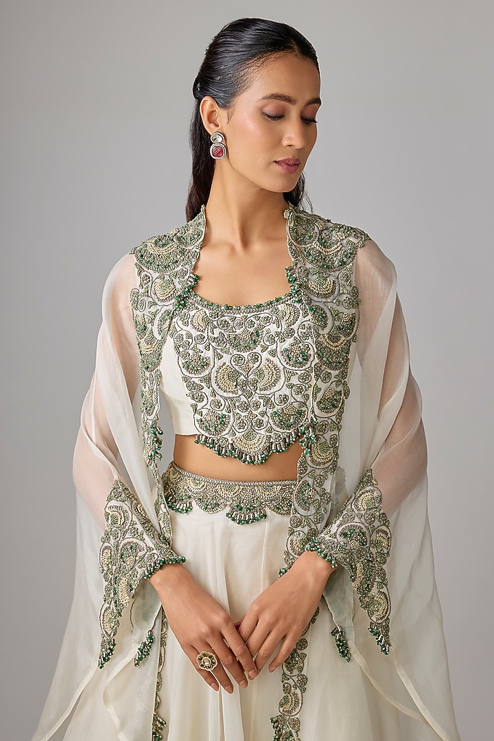 Ivory Organza Thread Work Skirt Set by Prisho at Pernia's Pop Up Shop