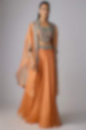 Rust Silk Thread Work Skirt Set by Prisho at Pernia's Pop Up Shop