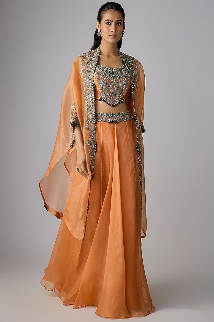 Rust Silk Thread Work Skirt Set by Prisho at Pernia's Pop Up Shop