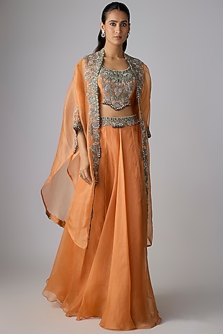 Rust Silk Thread Work Skirt Set by Prisho