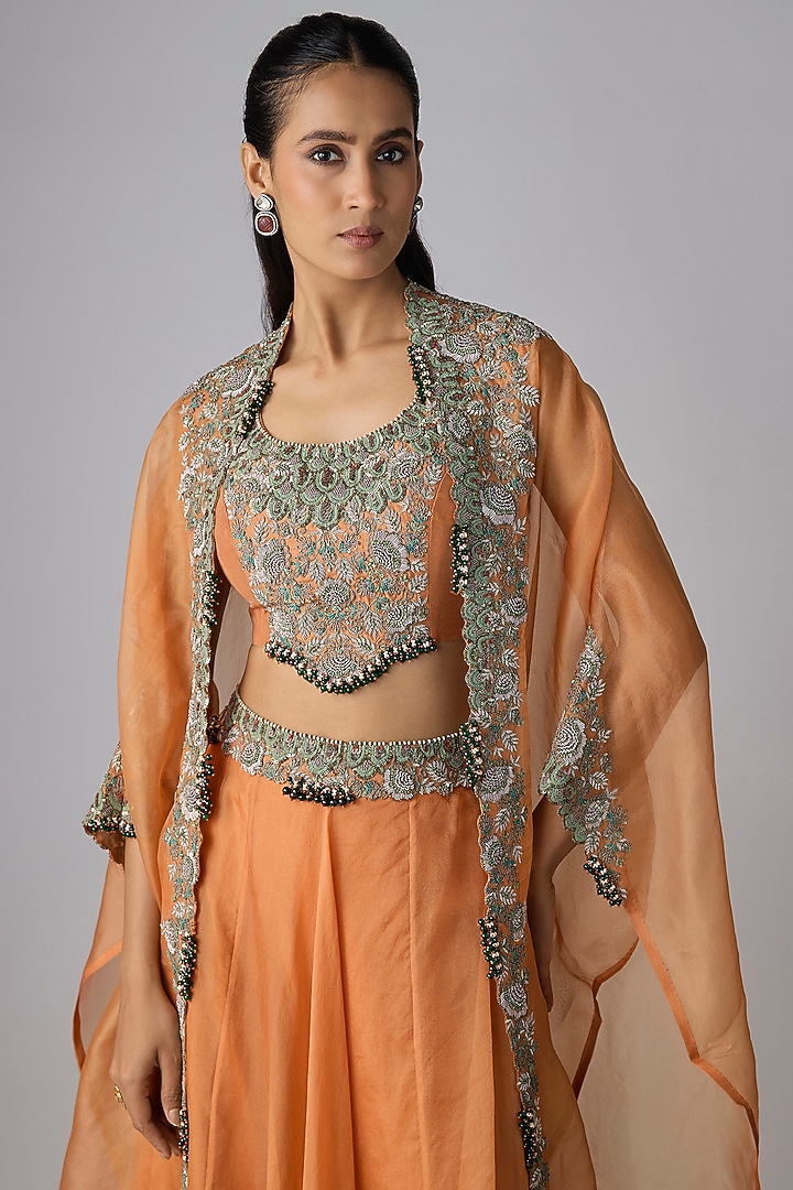 Rust Silk Thread Work Skirt Set by Prisho at Pernia's Pop Up Shop