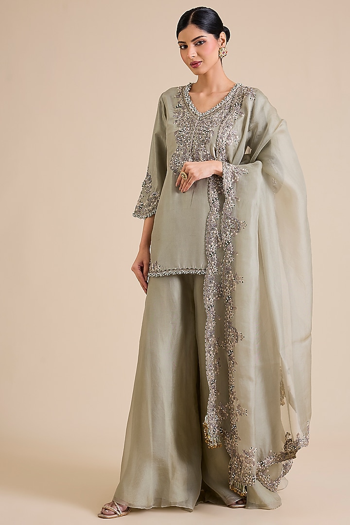 Mint Green Silk & Organza Wedding Sharara Set by Prisho at Pernia's Pop Up Shop