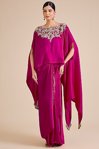 Fuchsia Modal Satin Skirt Set by Prisho