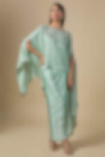 Aqua Silk Thread Embroidered A-Line Kaftan Set by Prisho at Pernia's Pop Up Shop