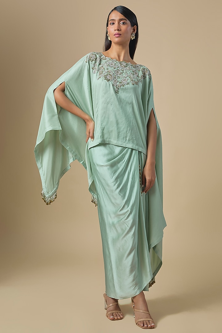 Aqua Silk Thread Embroidered A-Line Kaftan Set by Prisho at Pernia's Pop Up Shop