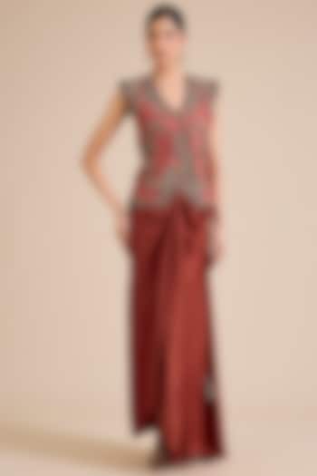 Deep Orange Silk Dori Embroidered Jacket Set by Prisho at Pernia's Pop Up Shop