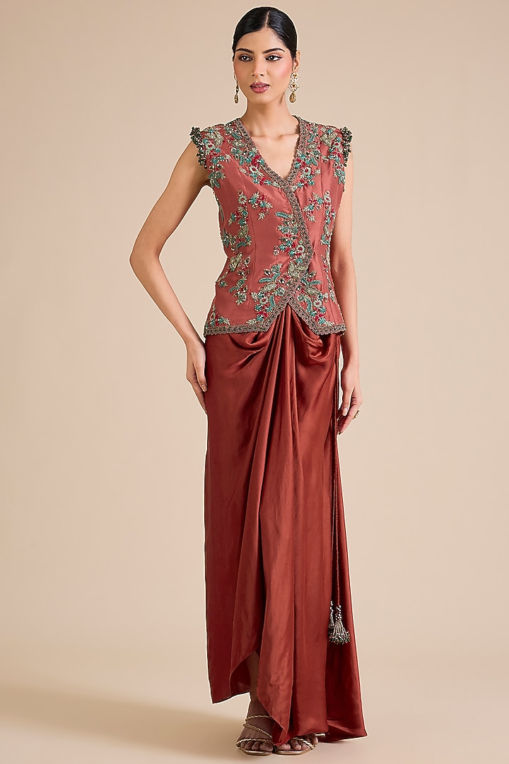 Deep Orange Silk Dori Embroidered Jacket Set by Prisho at Pernia's Pop Up Shop