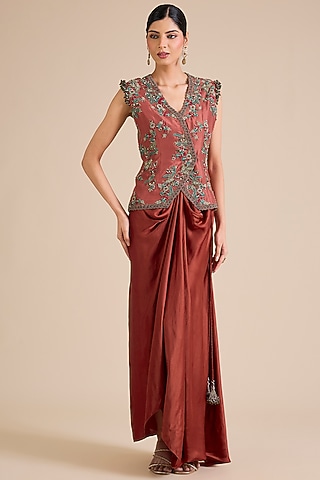 Deep Orange Silk Dori Embroidered Jacket Set by Prisho
