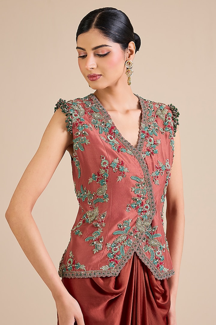 Deep Orange Silk Dori Embroidered Jacket Set by Prisho at Pernia's Pop Up Shop
