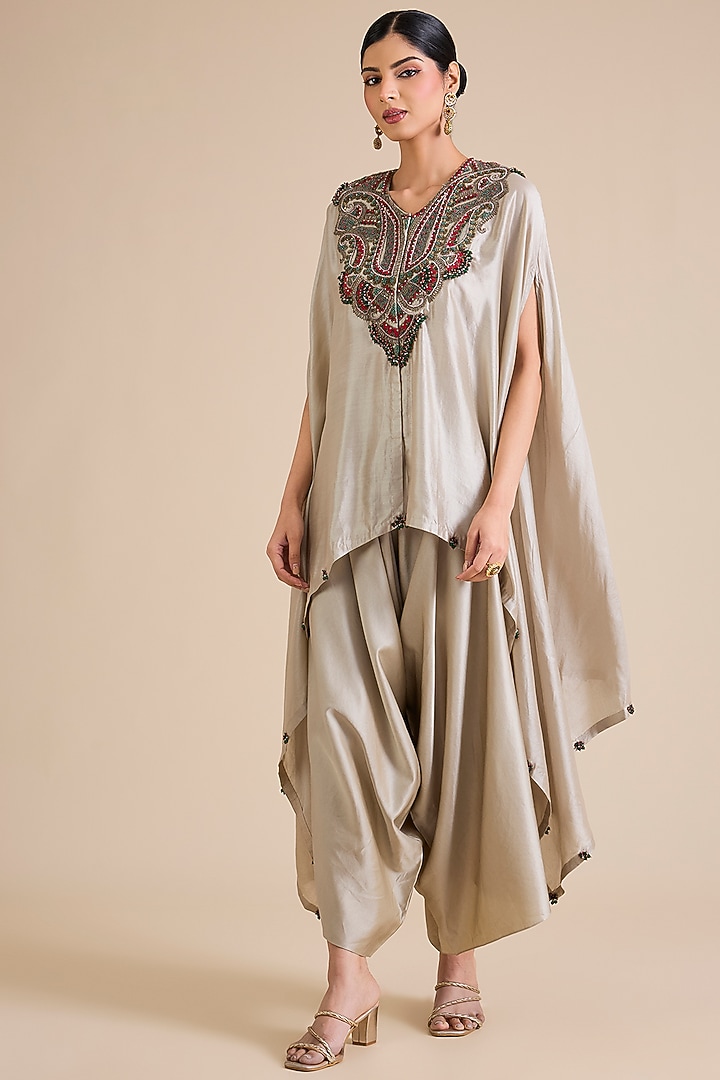 Smoke Grey Chanderi Thread Embroidered Kaftan Set by Prisho at Pernia's Pop Up Shop
