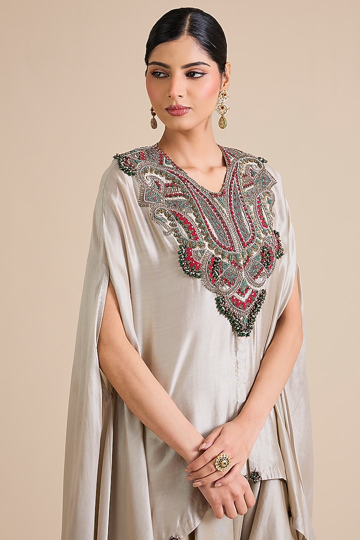 Smoke Grey Chanderi Thread Embroidered Kaftan Set by Prisho at Pernia's Pop Up Shop