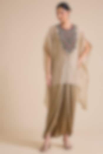 Champagne Crushed Tissue Thread Embroidered Kaftan Set by Prisho at Pernia's Pop Up Shop