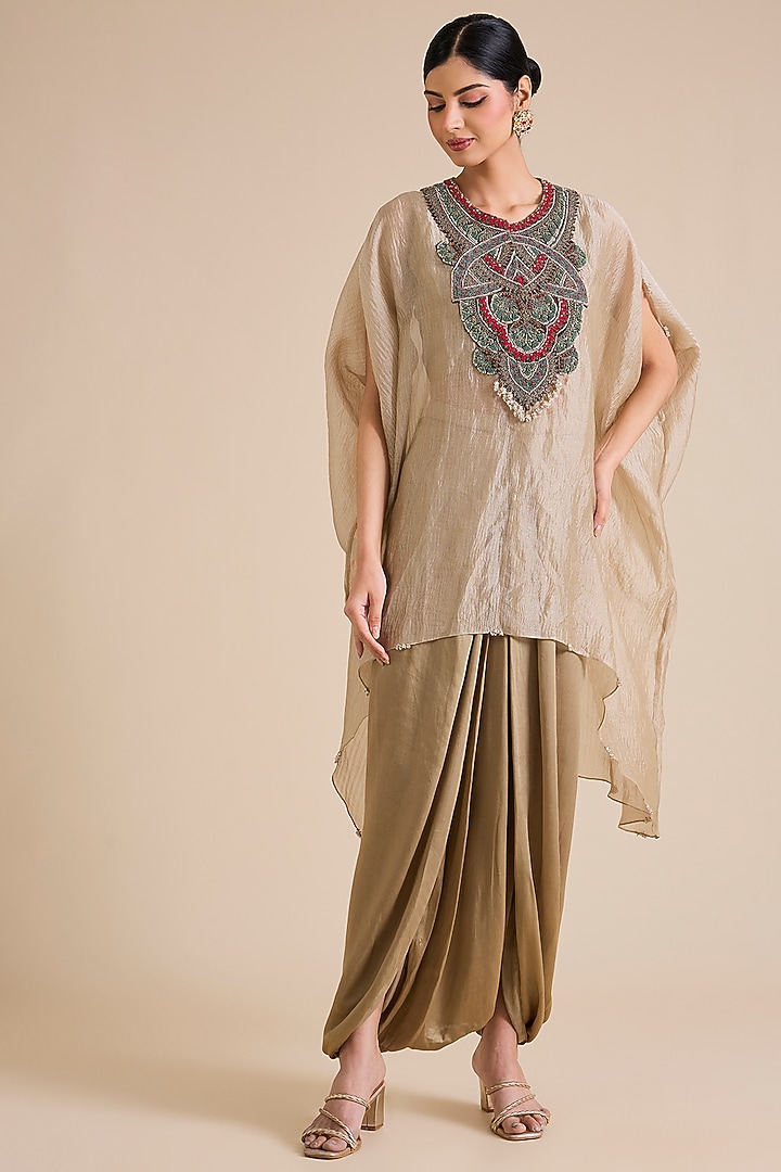 Champagne Crushed Tissue Thread Embroidered Kaftan Set by Prisho at Pernia's Pop Up Shop