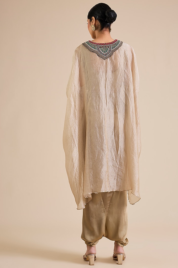 Champagne Crushed Tissue Thread Embroidered Kaftan Set by Prisho at Pernia's Pop Up Shop