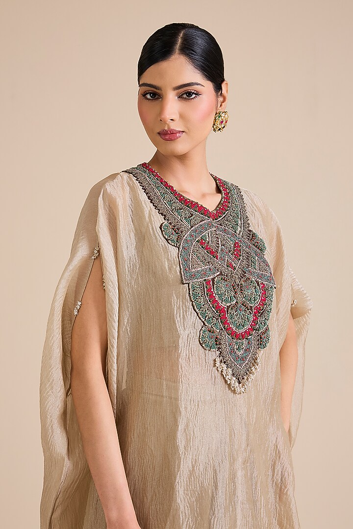 Champagne Crushed Tissue Thread Embroidered Kaftan Set by Prisho at Pernia's Pop Up Shop