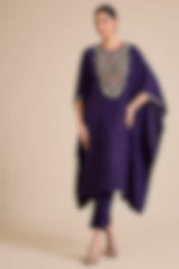 Dark Purple Silk Thread Embroidered Kaftan Set by Prisho at Pernia's Pop Up Shop
