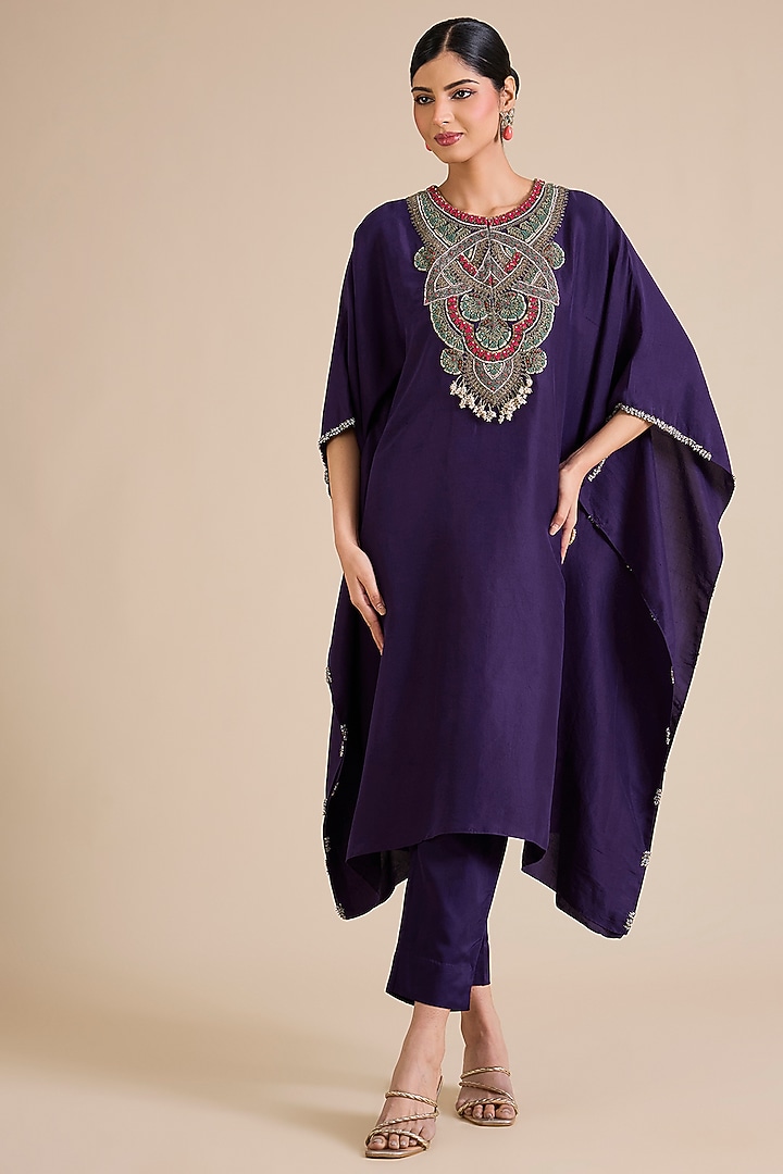Dark Purple Silk Thread Embroidered Kaftan Set by Prisho at Pernia's Pop Up Shop