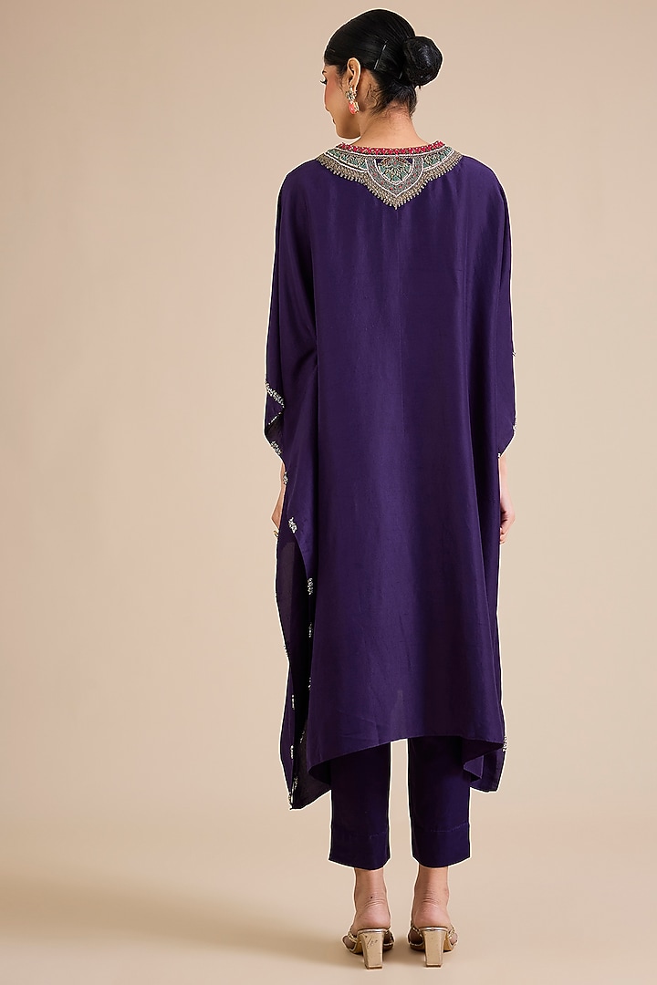Dark Purple Silk Thread Embroidered Kaftan Set by Prisho at Pernia's Pop Up Shop