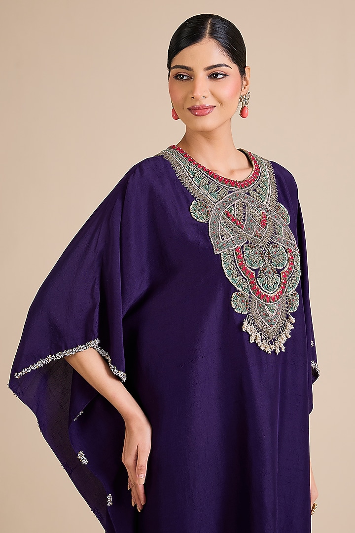 Dark Purple Silk Thread Embroidered Kaftan Set by Prisho at Pernia's Pop Up Shop