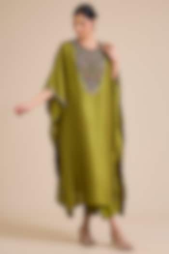Olive Green Silk Thread Embroidered Kaftan Set by Prisho at Pernia's Pop Up Shop