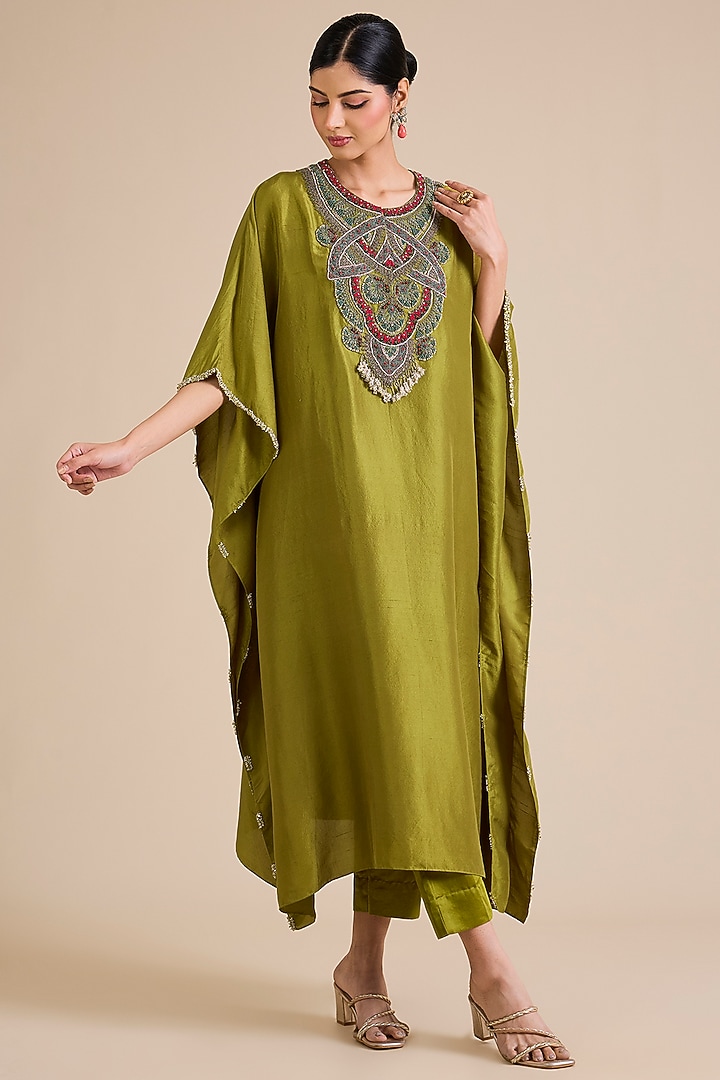 Olive Green Silk Thread Embroidered Kaftan Set by Prisho at Pernia's Pop Up Shop