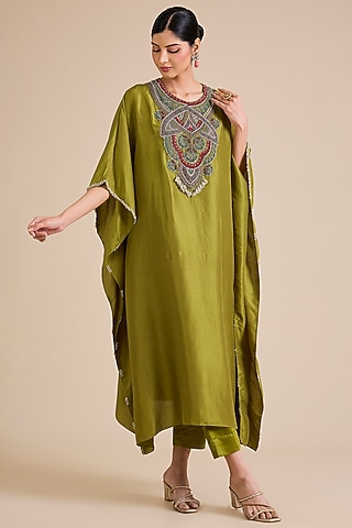Olive Green Silk Thread Embroidered Kaftan Set by Prisho