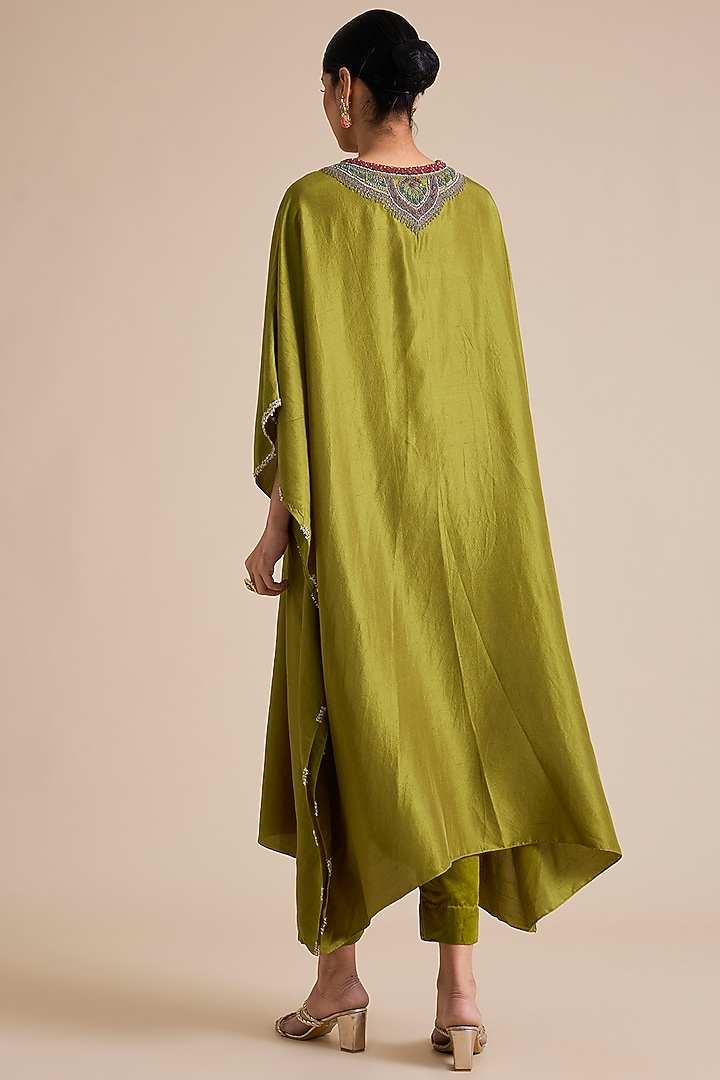 Olive Green Silk Thread Embroidered Kaftan Set by Prisho at Pernia's Pop Up Shop