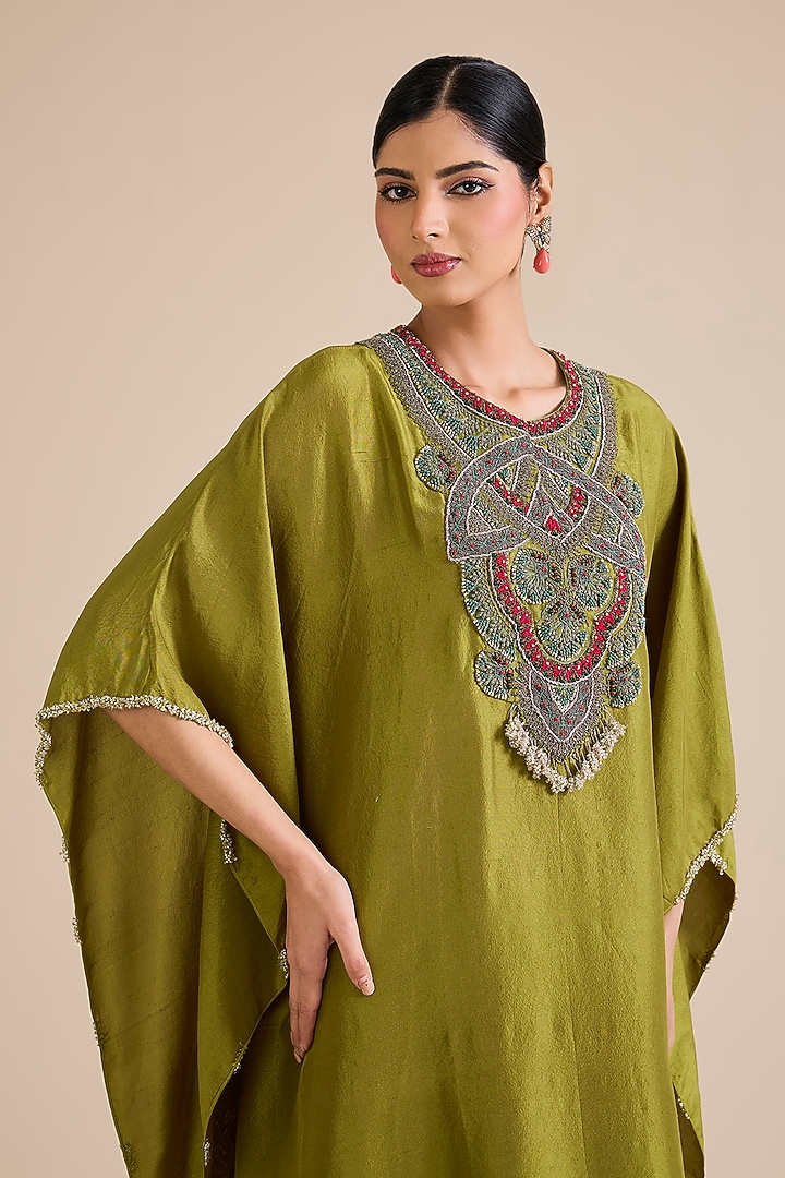 Olive Green Silk Thread Embroidered Kaftan Set by Prisho at Pernia's Pop Up Shop