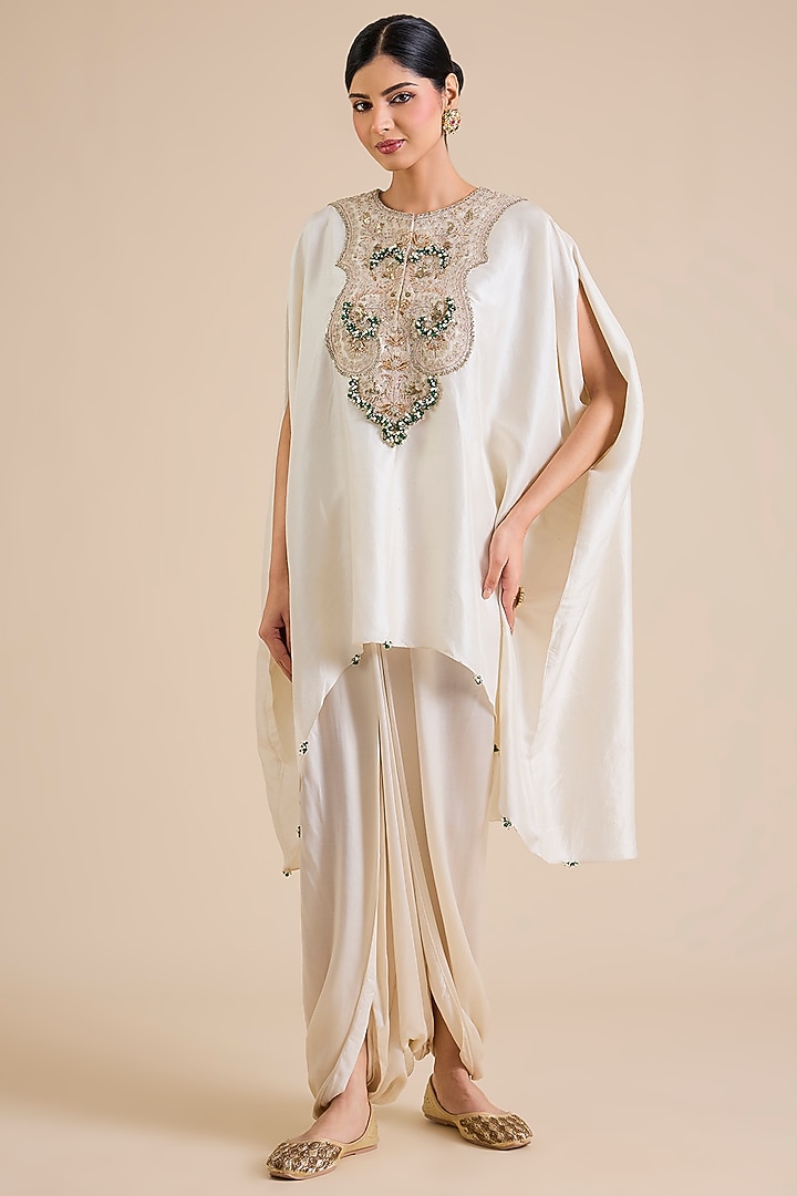 Ivory Silk Mukesh Work Kaftan Set by Prisho at Pernia's Pop Up Shop