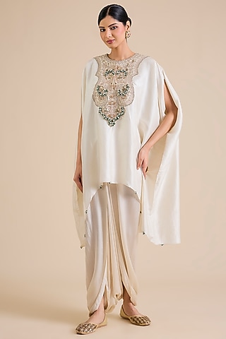 Ivory Silk Mukesh Work Kaftan Set by Prisho
