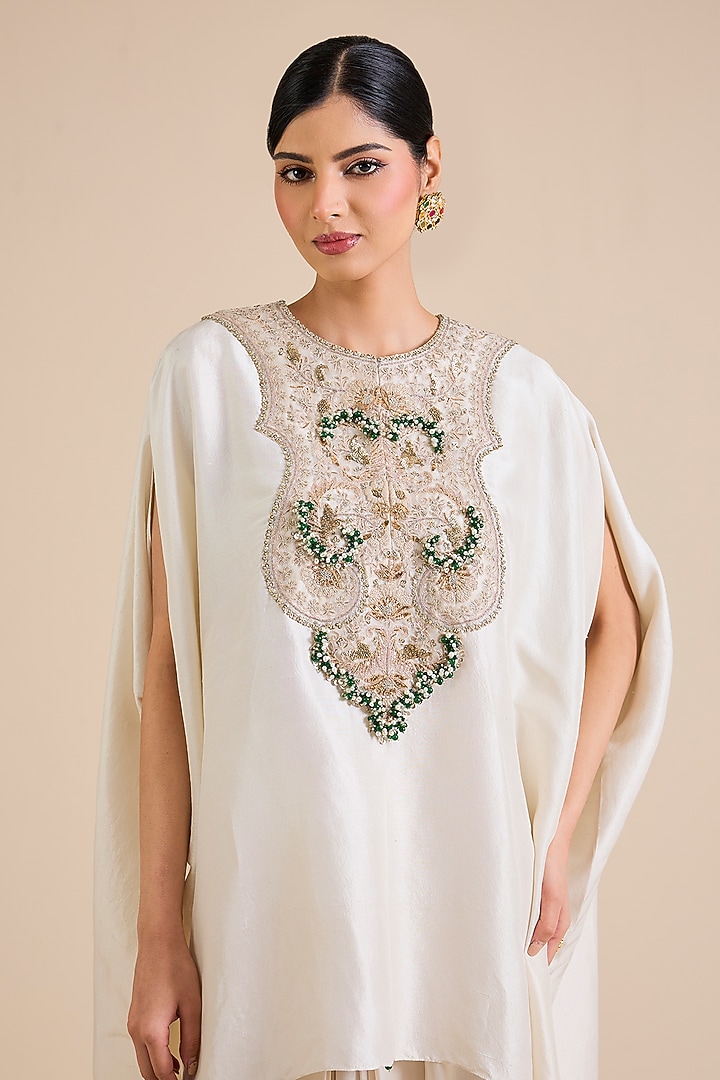 Ivory Silk Mukesh Work Kaftan Set by Prisho at Pernia's Pop Up Shop